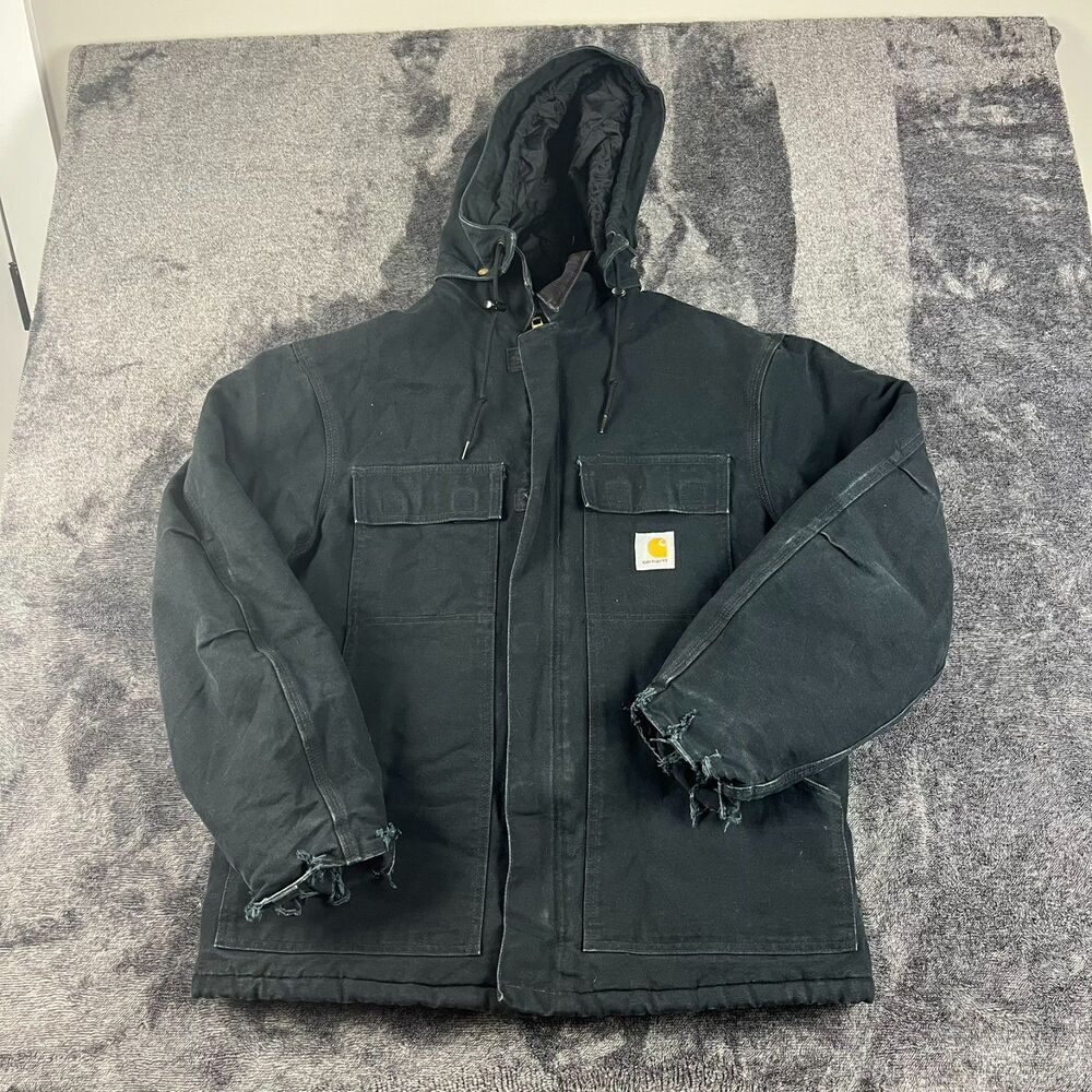 Vtg Carhartt Canvas Removable Hood Navy Blue Full Zip Jacket Quilt Lined XL/XXL